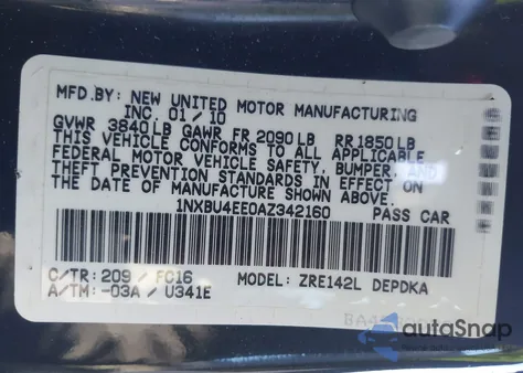 2010 Toyota Corolla Le from USA, damaged, VIN 1NXBU4EE0AZ342160
